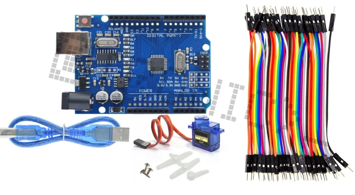 Starterkit per Arduino Uno R3 con micro servo SG90 & set di cavi Dupont da 40 pezzi