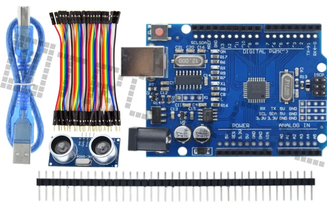Starter Kit per Arduino Uno R3 con sensore di distanza HC-SR04 e cavi Dupont
