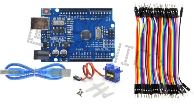 Starterkit per Arduino Uno R3 con micro servo SG90 & set di cavi Dupont da 40 pezzi