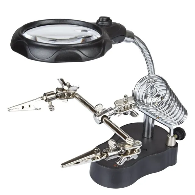 Lente d'ingrandimento con illuminazione LED, pratiche pinze e supporto per saldatore