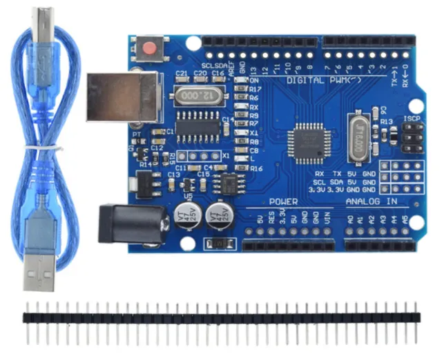 Arduino UNO R3 compatible incl. cavo USB e header pins.
