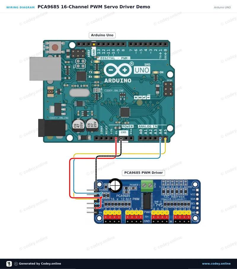 Schema di collegamento: Driver servo PWM a 16 canali 12-Bit I2C su un Arduino UNO