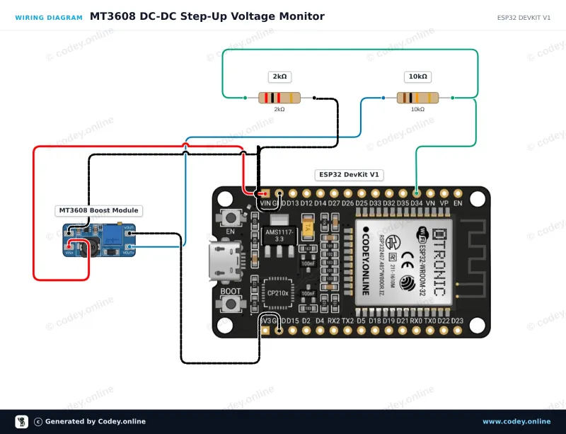 Schema di collegamento: Modulo di alimentazione booster step-up DC-DC MT3608 2A Max su un ESP32 DevKit V1
