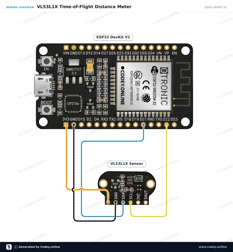 Schema di collegamento: Sensore di distanza TOF400C-VL53L1X Time-Of-Flight 4-400cm su un ESP32 DevKit V1