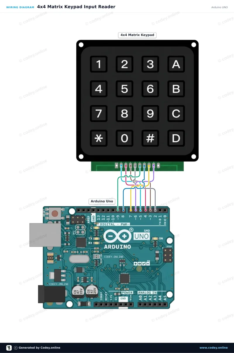 Schema di collegamento: Tastierino a matrice 4x4 nero su un Arduino UNO