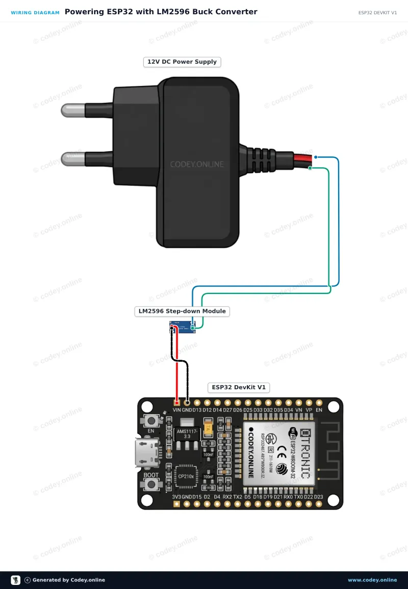 Schema di collegamento: Modulo step-down regolabile 4~38V 5A 96% Alta efficienza XL4015 su un ESP32 DevKit V1
