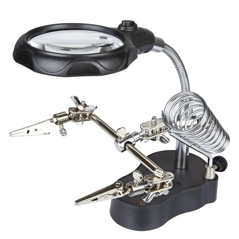 Lente d'ingrandimento con illuminazione LED, pratiche pinze e supporto per saldatore